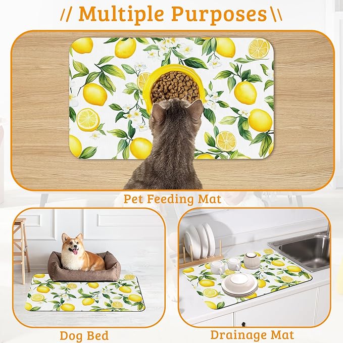 Lemon Feeding Mat,Green Leaves Absorbent Quick-Dry Cat Dog Food and Water Bowl Mats,Non-Slip Rubber Backing Mat,Cat Dog Accessories Supplies 12" x 20"