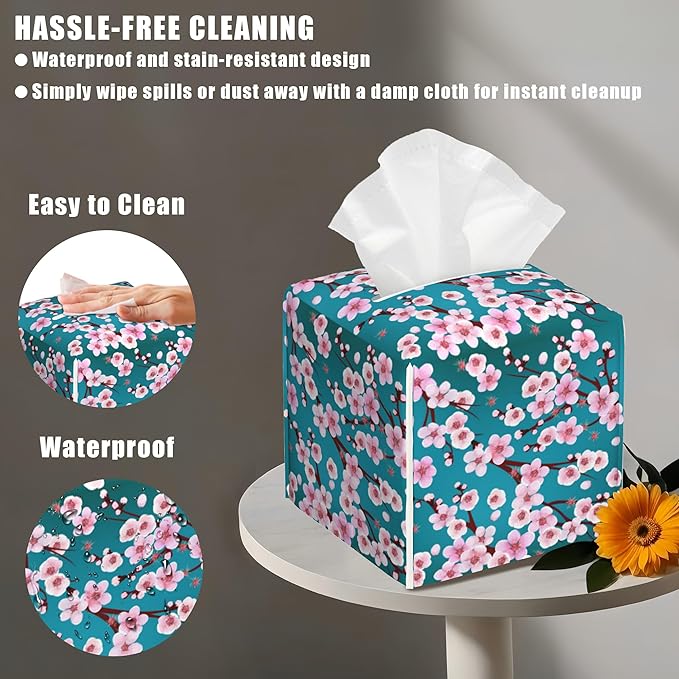 BLYKVGHQ Pink Cherry Blossom Branches Tissue Box Cover Square, Tissue Box Holder with Bottom Belt Leather Facial Paper Organizer Dispenser for Bathroom Bedroom Dresser Night Stand Tabletop