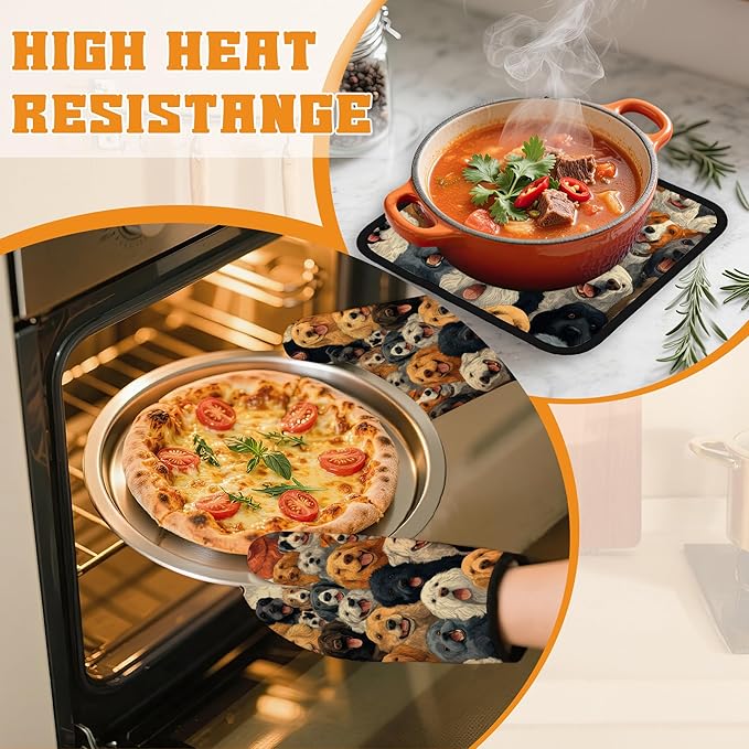 Funny Cute Dog Oven Mitts and Pot Holders Set,Kitchen Decor Heat Resistant Non Slip Hot Pads and Oven Mitt for Chef Cooking Baking BBQ Mom Girl Gifts(4 Piece Set)