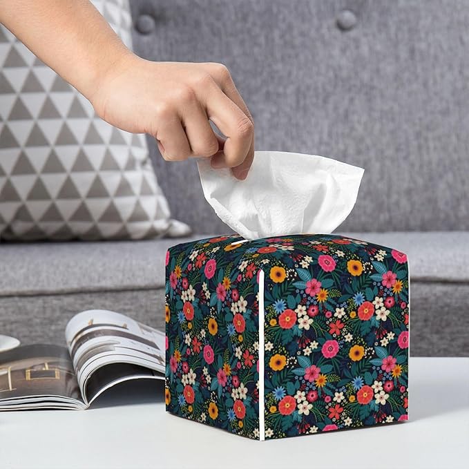 POIUBLE Colorful Flowers and Leaves Tissue Box Cover Leather Tissue Box Holder Square Facial Paper Organizer Dispenser for Bathroom Kitchen Bedroom Vanity Countertop Night Stands