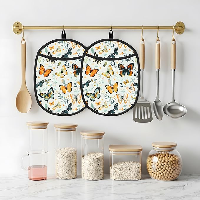 Pot Holders 2 Pack Silicone, Cotton Lining, Heat Resistant to 500°F (260°C), Non-Slip Grip, 7.5"x9.4" Oval Kitchen Hot Pads for Oven, Cooking (Butterflies, Potholders)