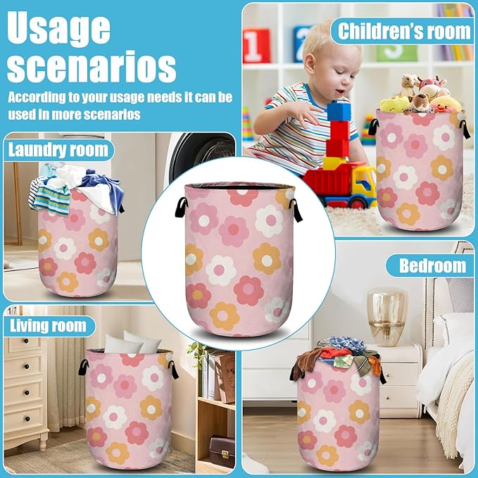 Retro Pink Flower Laundry Basket, Laundry Hamper Collapsible Oxford Cloth with Handle Clothes Toy Storage Bin for Bathroom Laundry Room Bedroom 15.7 X 20 Inch