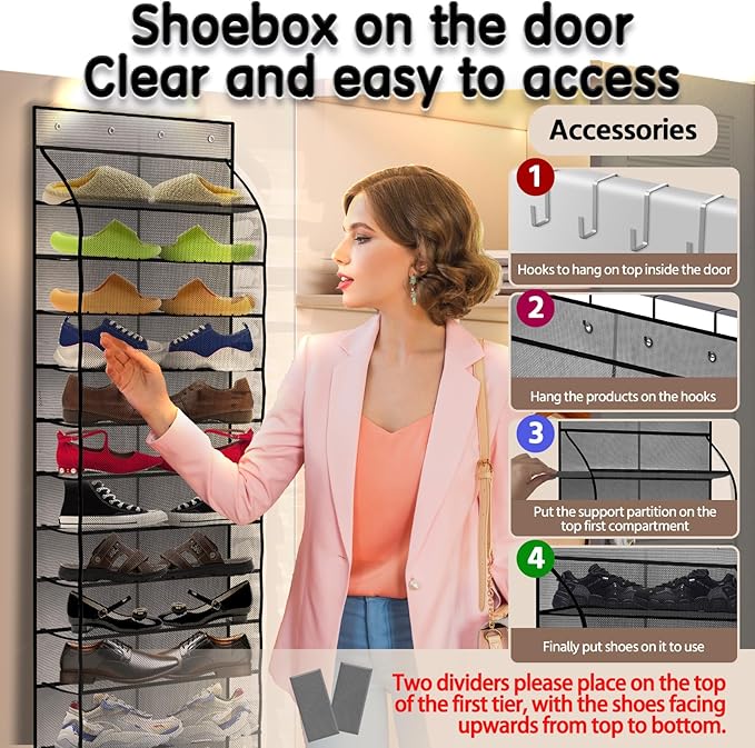 Kotkn Over The Door Shoe Organizer with 12 Large Breathable Pockets - Sturdy Hanging Storage for Shoes of All Ages - Gray