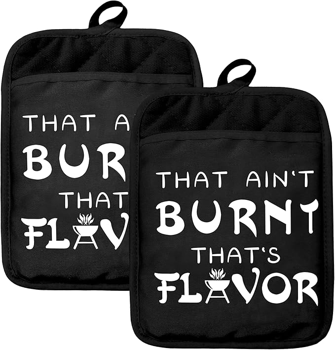 Funny Oven Mitts Set, BBQ Grilling Gifts, Funny Kitchen Gifts, That's Not Burnt That's Flavor Heat Resistant Kitchen Oven Gloves for Baking and Cooking,Pot Holders
