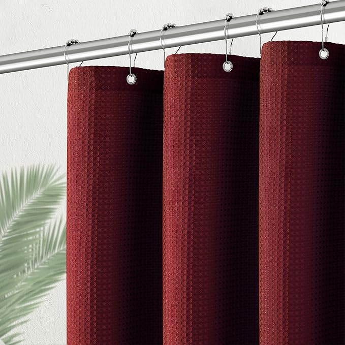 PANGSINNE Stall Burgundy Fabric Shower Curtain - Waffle Textured Small Heavy Duty Cloth Shower Curtains for Bathroom, 256GSM Narrow Hotel Spa Luxury Bath Curtain Set with 6 Hooks (36Wx72H, Burgundy)