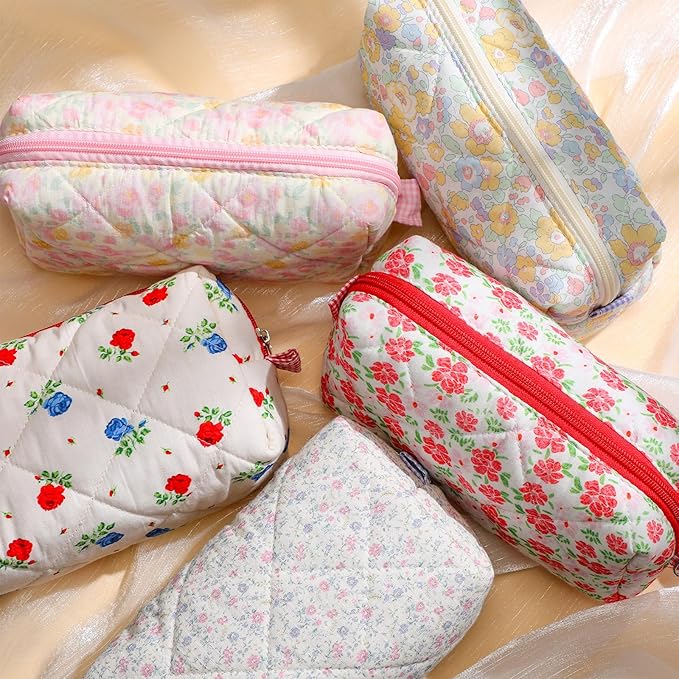 Paterr 10 Pcs Quilted Makeup Bag Bulk Cotton Floral Cosmetic Bag Women Girls Bridesmaid Gifts Cute Makeup Pouch Coquette Aesthetic Travel Toiletry Organizer(Classic Style,7.87 x 4.72 x 3.15 Inches)