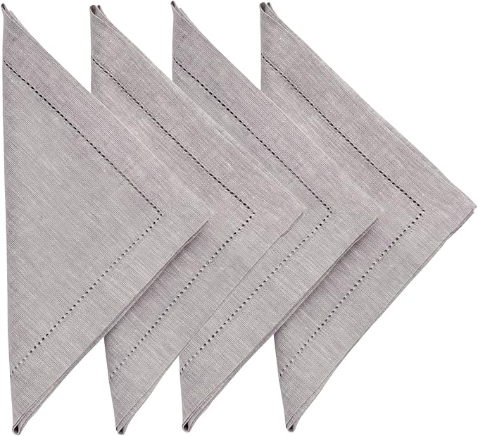 Solino Home Oyster Grey Linen Napkins Set of 4-100% Pure Linen Hemstitch Dinner Napkins 20 x 20 Inch for Spring, Easter - Milan