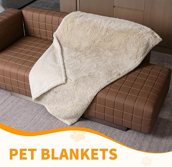 Wowchine Long Faux Fur Calming Pet Blankets for Large Dogs Waterproof Cream Dog Blanket for Couch Sofa Cover Washable Puppy Bed Covers (Cream,XL-85x57in)