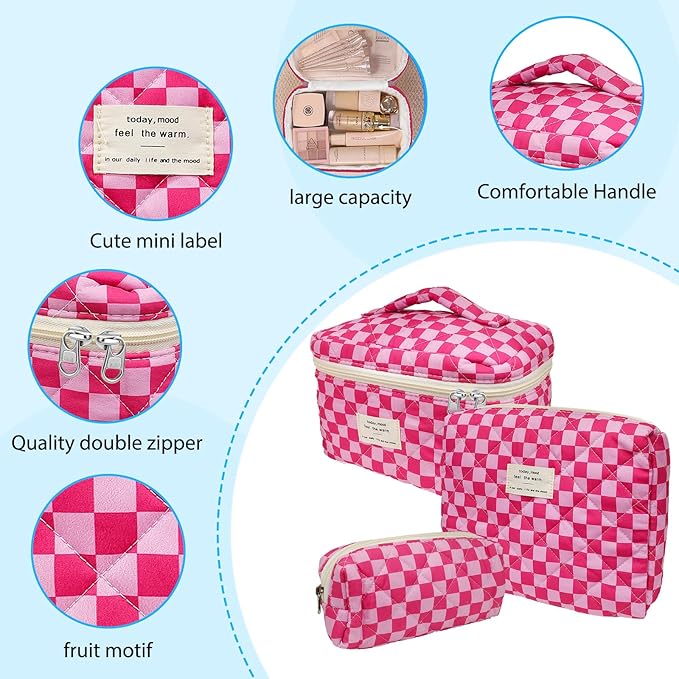 Cozomga Quilted Makeup Bag, Large Capacity Travel Cosmetic Bag for Women and Girls, Aesthetic Storage for Daily and Travel Use (3pcs-PinkChecker)