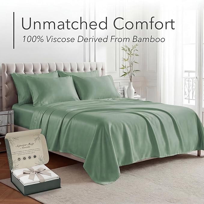 DECOLURE 100% Viscose Derived from Bamboo Sheets California King Size - Luxury 6 Pc Naturally Cooling Sheets, Ultra Soft Bed Set - Deep 17" Pockets, Double Stitching, Oeko Tex Standard (Sage Green)