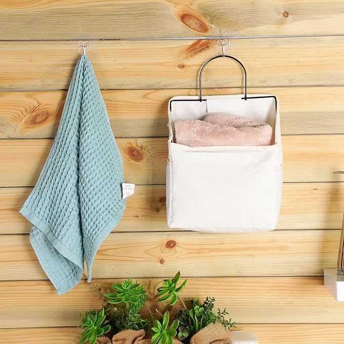 Chumia 6 Pack Wall Hanging Storage Basket Bathroom Closet Hanging Storage Bag over the Door Organizer Basket Bedroom Wall Organizer Waterproof Linen Cotton Box Containers and 10 Hooks(White)