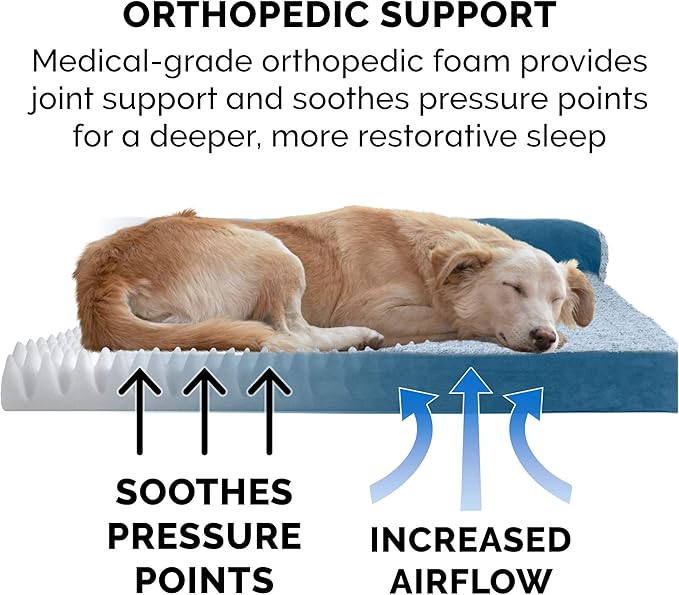FurHaven Orthopedic Dog Bed for Large Dogs, L-Shaped Chaise Sofa with Orthopedic Egg Crate with a Solid Orthopedic Foam Base for Joint Support, Washable Cover, Jumbo XL, Faux Fur & Suede, Marine Blue
