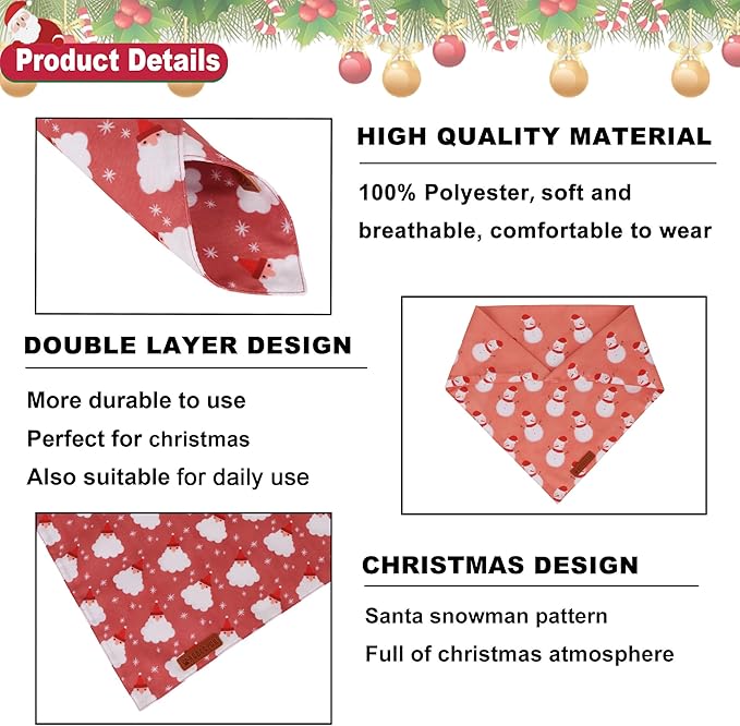ADOGGYGO Dog Bandana Christmas Pet Scarf Bib Kerchief, Premium Durable Fabric, Red Green Santa Snowman Christmas Bandanas for Extra Large Dogs (X-Large)