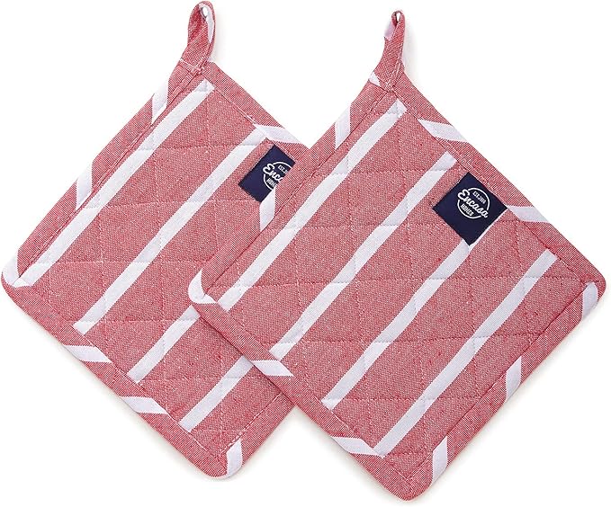 Encasa XO 8 inches Oven Microwave Potholders (2 pc Set) for Kitchen Cooking & Baking - Heat Resistant, Thick & Safe, Protection of Hands from Hot Utensils - Roma Red Stripes