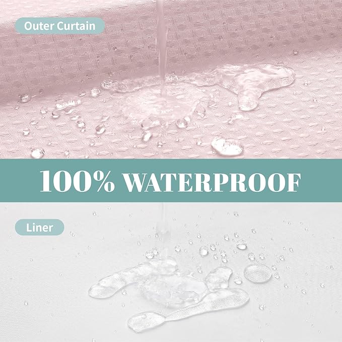 eachope BlushPink No Hook Waffle Weave Shower Curtain with snap-in Liner Replacement, 230GSM Waterproof Fabric Hotel Shower Curtain Set for Bathroom, Through Mesh Top Window,71Wx74H