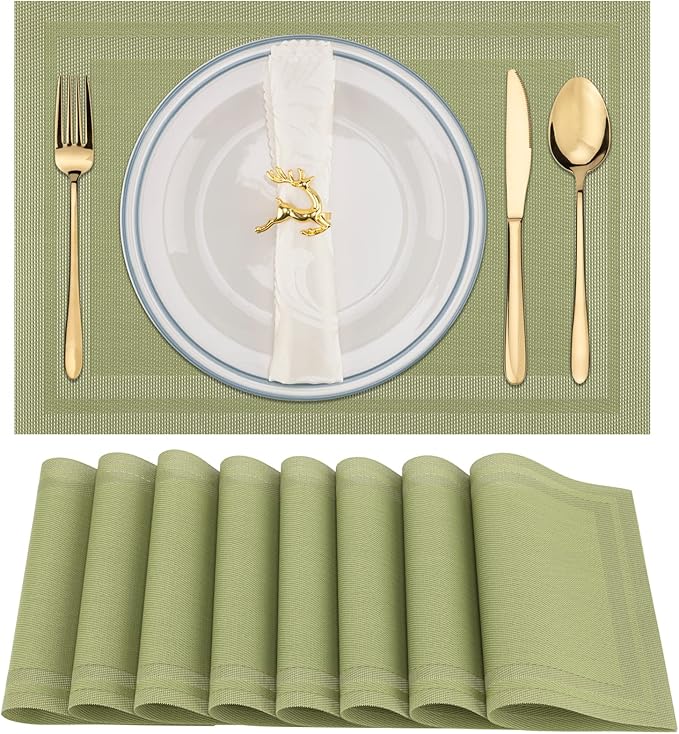 Winknowl Placemats Set of 8，Heat Resistant Woven Vinyl Washable PVC Place Mats，Non-Slip Stain Resistant Indoor/Outdoor Table Mats for Dining Table (Green)