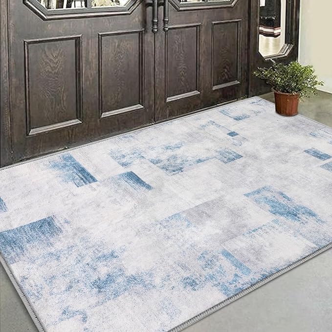 COMSLE Door Mat, Front Door Mat Indoor for Entrance Faux Wool Absorbent Non Slip Modern Throw Rug for Entryway Bedroom Muddy Paws - Pet Friendly, 36x60 Inches,Square Blue Machine Washable
