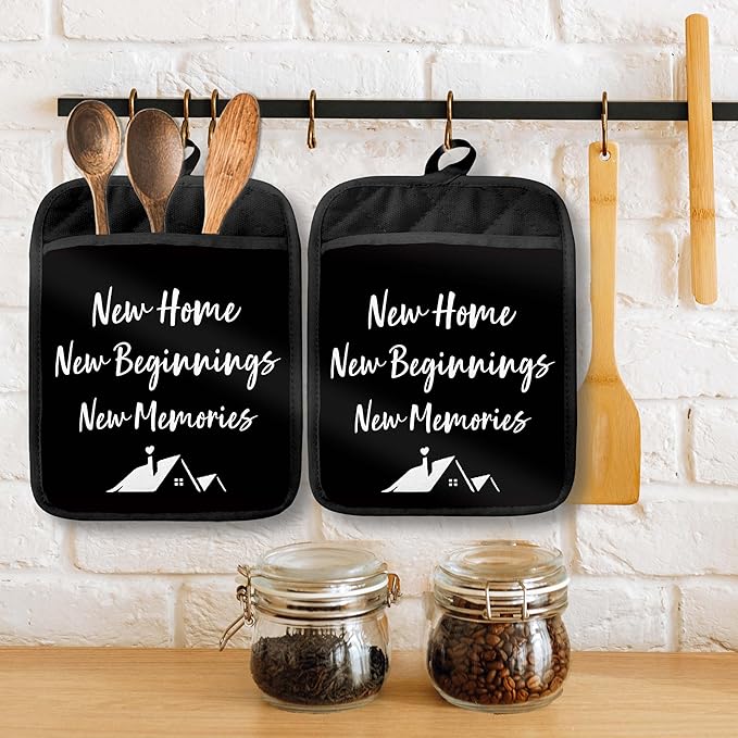 New Home Gifts Pot Holders with Pockets, Housewarming Gifts for Women Men, New Home Beginnings Memories Oven Pot Holders Heat Resistant Oven Mitts Hot Pads for Kitchen Baking Cooking