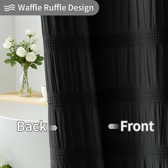 Lameirose Extra Long Black Shower Curtain Farmhouse,72 x 96 Cotton Blend Waffle Tufted Striped Chic Textured Fabric Shower Curtain for Bathroom, Hotel, Washable