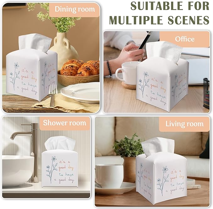 Leather Decorative Tissue Box Holder, Tissue Box Cover Square with Belt Bottom, Positive Inspirational Gift Ideas for Friends, It's A Good Day Decor for Bathroom Office-(5.2 Inches) A27