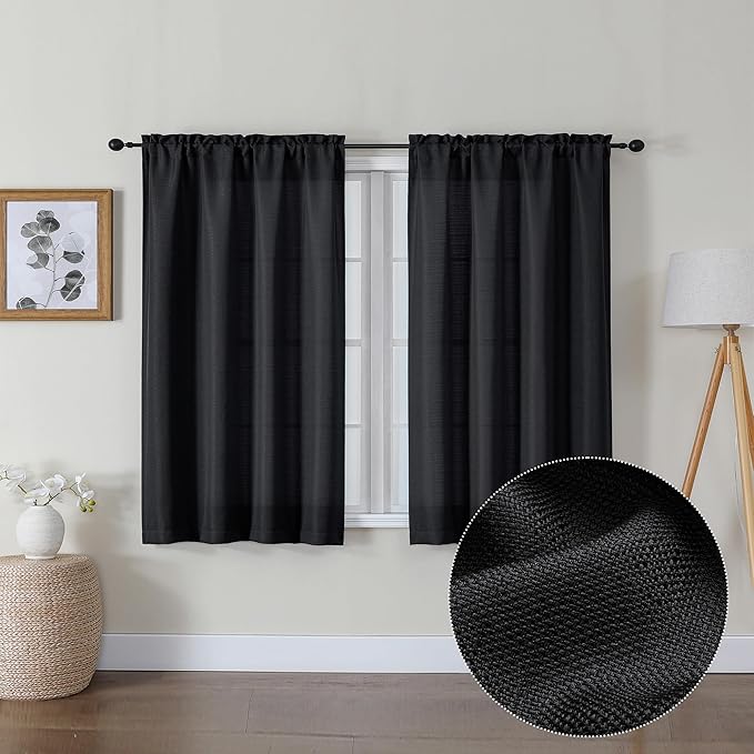 Lecloud Bessie Black Curtains 45 Inch Length 2 Panels, Light Filtering Burlap Window Curtains for Living Room, Rod Pocket Faux Linen Curtain Drapes, Each 30 W x 45 L