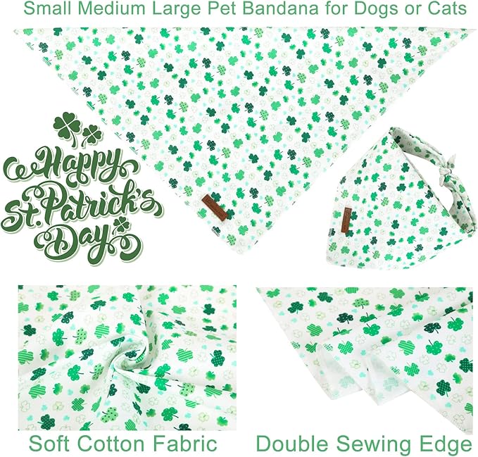 UP URARA PUP St. Patrick's Dog Bandana, Shamrock Triangle Bid Scarf for Medium Large Dogs, Cotton Kerchief for Girl Boy Puppies, Cute Spring Green Bandana