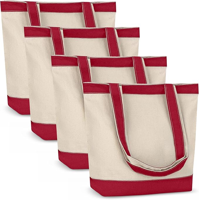 Canvas Tote Bag with Handles for Woman, Reusable Cloth Bag for Groceries and Shopping In Bulk - Blank Cotton Tote Bag, Suitable for DIY Projects HEAVY DUTY, 16"X14.5" With 4” Gusset, Red 4 Pack