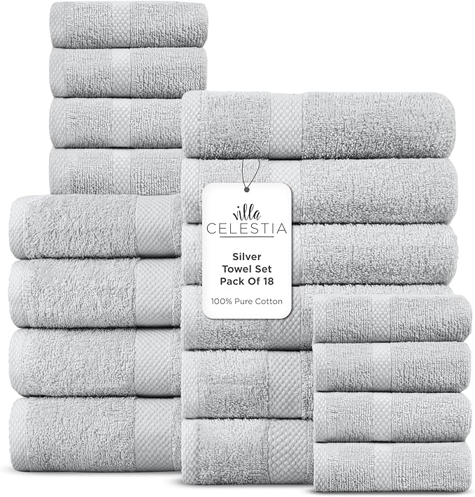 Villa Celestia 100% Cotton Bath Towel Set of 18-4 Bath Towels, 6 Hand Towels, 8 Wash Cloths, Sustainable, Soft, Highly Absorbent, Combed Cotton 18 Piece Set for Hotels, Spa, Bathroom, Dorm, Silver