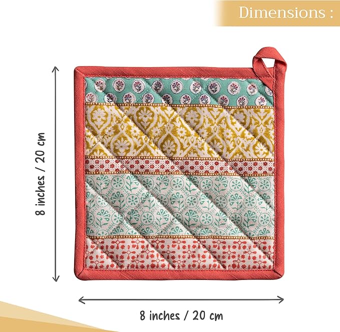 Maison d' Hermine Pot Holders Set 100% Cotton Heat Resistant Potholders 8" x 8" Hot Pads with Loop BBQ, Cooking, Baking, Grilling, Kitchen, Handling Hot Pans Spring/Summer (Pack of 2, Provence)