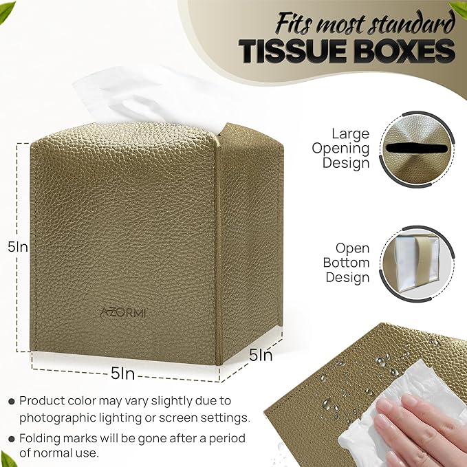 Tissue Box Cover Holder, PU Leather Tissue Box Cover Square with Bottom Belt, Cube Tissue Holder for Bathroom, Modern Organizer for Car, Office, Tabletop (Gold)