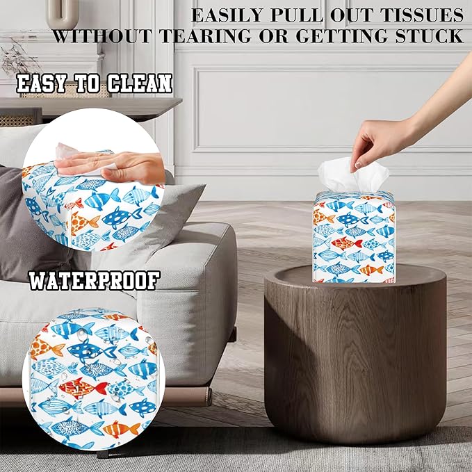 OHEGBXE Tissue Box Holder Watercolor Fish Square Leather Tissue Box Cover Modern Cube Facial Paper Cover Case for Bathroom Vanity Countertop Night Stands Tabletop