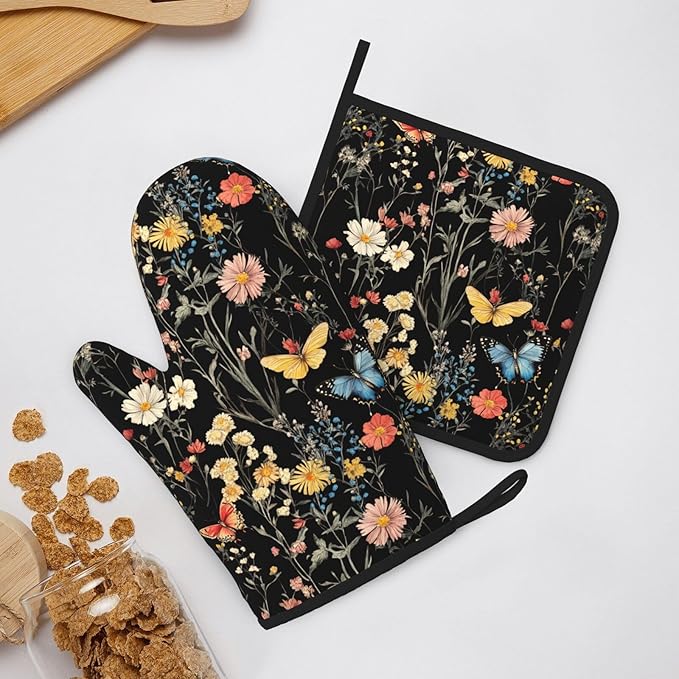 Oven Mitts Pot Holders Set Vintage Butterfly Flower Botanical Silicone Kitchen Gloves Potholders Heat Resistant for Chef Baking Cooking Grilling BBQ 4 Pack Mitt