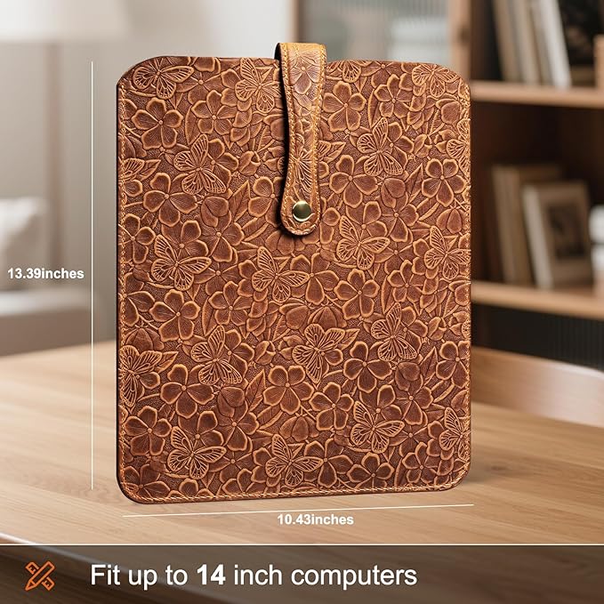 Thryxop Vertical Laptop Sleeve for 14-inch MacBook Pro, Genuine Leather Protective Case Compatible with M1/M2/M3/M4 Pro/Max, Brown