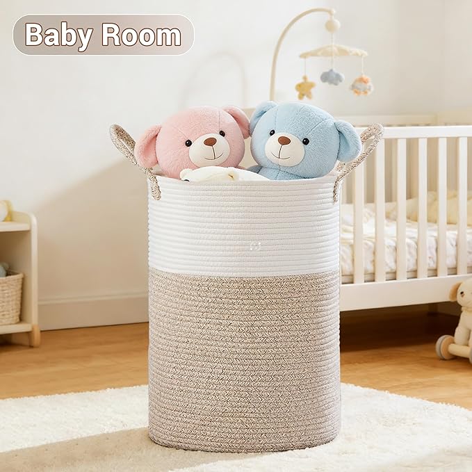 SunNewt Tall Laundry Basket with Handles, 100L Portable Dirty Clothes Hamper, Boho Cotton Rope Storage Bin for Blankets Kids Toys Gifts, Extra Large Organizer for Baby Nursery Bedroom Bathroom, Brown