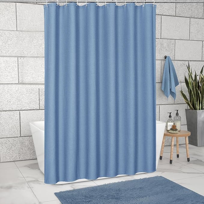 MitoVilla Extra Long Shower Curtain 72 x 84, Blue 84 inch XL Waffle Fabric Shower Curtains for Modern Luxury Bathroom Decor, Waffle Weave Textured Weighted Shower Curtain 84 inch, Moonlight Blue