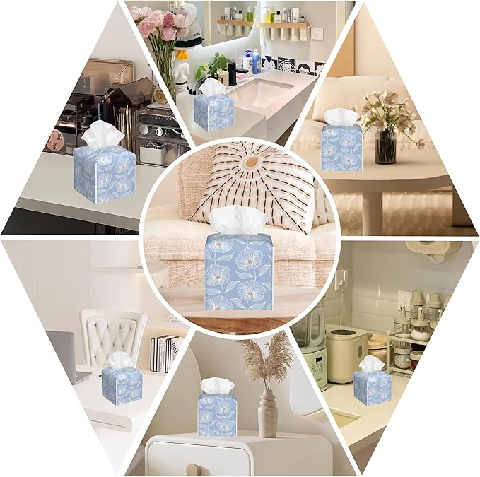 Leather Tissue Box Holder Blue Floral Tissue Box Cover Facial Paper Case Organizer Cube Napkin Dispenser for Bathroom Vanity Countertop Night Stand Office Car