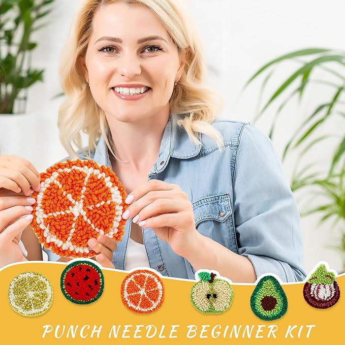 Yaomiao 6 Pcs Fruit Punch Needle Coaster Kit Punch Needle Embroidery Kits Craft Supplies with Patterns Yarns Tools Adhesive Felt Embroidery Hoop Instruction Holder for Adult DIY