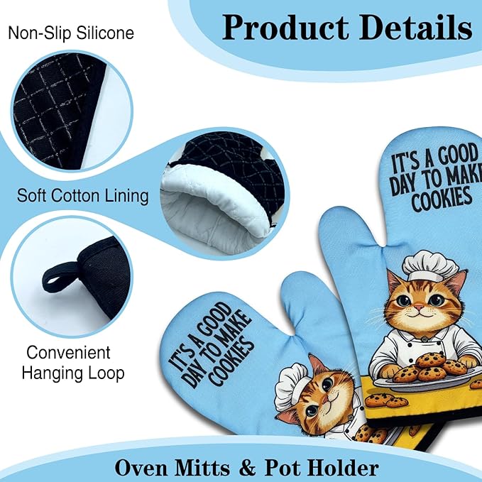 2 Pack Funny Baking Cat Oven Mitts, It's A Good Day to Make Cookies, Heat Resistant Non-Slip Mitts, Baking Gifts for Hostess, Sweet Housewarming Gifts for Women Baker Friend Cookie Lovers