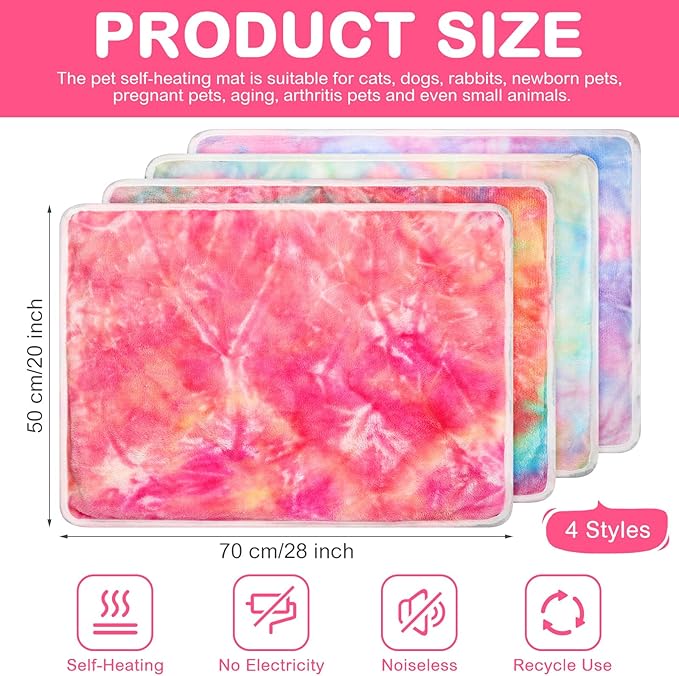 Clysee 4 Pack Self Heating Cat Bed Cat Self Warming Pad with Removable Cover Extra Warm Thermal Pet Pad Washable Pet Crate Mat Anti Slip Kennel for Indoor Outdoor Pets(Tie Dye,20 x 28 Inches)