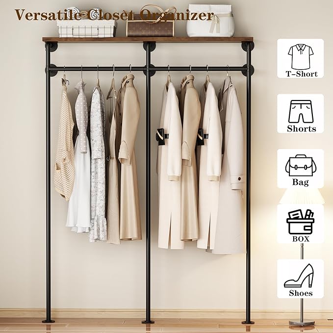 KAILNKISS Industrial Pipe Clothes Rack, Wall Mounted Clothing Rack with Shelves, Heavy Duty Closet Organizers Wardrobe Multi-Purpose Storage Clothes Hanging Shelf-59''L Black