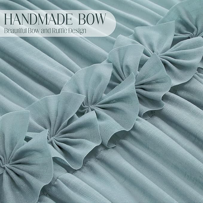 XOGUIBO Ruffle Shower Curtain with Handmade Bow Tie, Spa Blue Vintage Farmhouse Shower Curtain for Bathroom, 72" W x 72" H