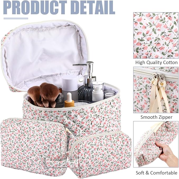 Paterr Makeup Bag Set 3 Pcs Large Quilted Cotton Make up Bags for Women Cosmetic Travel Toiletry Organizer Pouch Cute Aesthetic Storage Purse(Pink,Pink Floral)