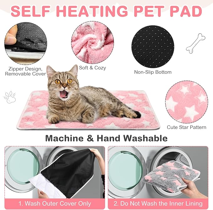 Clysee 4 Pack Self Heating Cat Bed Cat Self Warming Pad with Removable Cover Extra Warm Thermal Pet Pad Washable Pet Crate Mat Anti Slip Kennel for Indoor Outdoor Pets(Star,16 x 20 Inches)