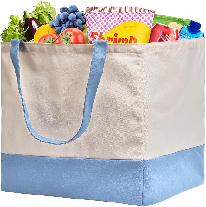 CNaiyunpin Reusable Grocery Bags Heavy Duty, 8.3 gal Foldable Large Canvas Tote Bag with Handles, Holds 60 lbs Canvas Shopping Bags, 1 Pack（Off White+Light Blue）