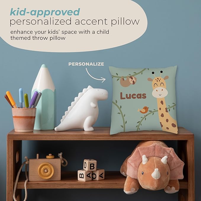 Prints Next Day – Kids Custom Safari Throw Pillow - 18" x 18" - Double-Sided Printing - Includes Insert - Kids Personalized Bedroom Accent Pillow with Name - Nursery Decor - Printed in USA