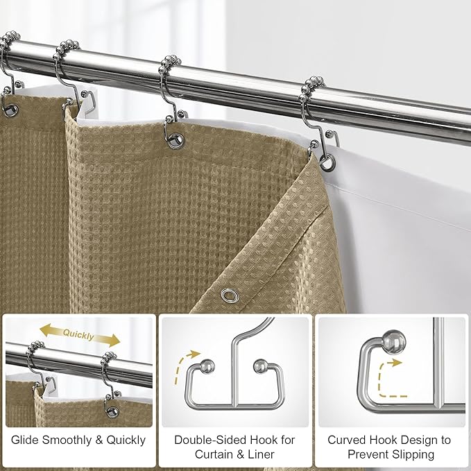 ROLIZOE 3-in-1 Waffle Texture Shower Curtain Set with TPU-Coated Waterproof Liner and 12 Upgraded Double-Sided Hooks, Well-Matched Sizes for a Seamless Fit – Khaki, 72" x 72"