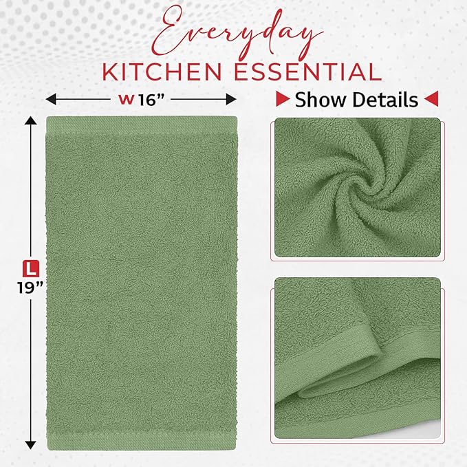 RIVERSIDE Bar Mop Towels Pack of 12, 16x19 Inches, 100% Ring Spun Cotton Terry Cloth Kitchen Towel, Highly Absorbent & Reusable Multipurpose Cleaning Rags for Bathroom, Hotel, Restaurant, Sage Green