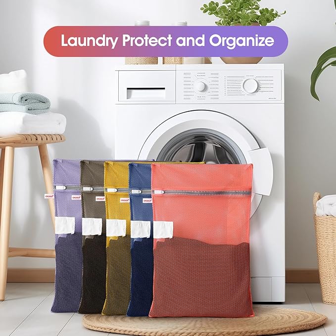 OKAKA 5-Pack Mesh Laundry Bags with ID Label, Sturdy Laundry Bags for Delicates, Hosiery, Underwear,Travel and Organize- 5 Color(14x20 Inch)