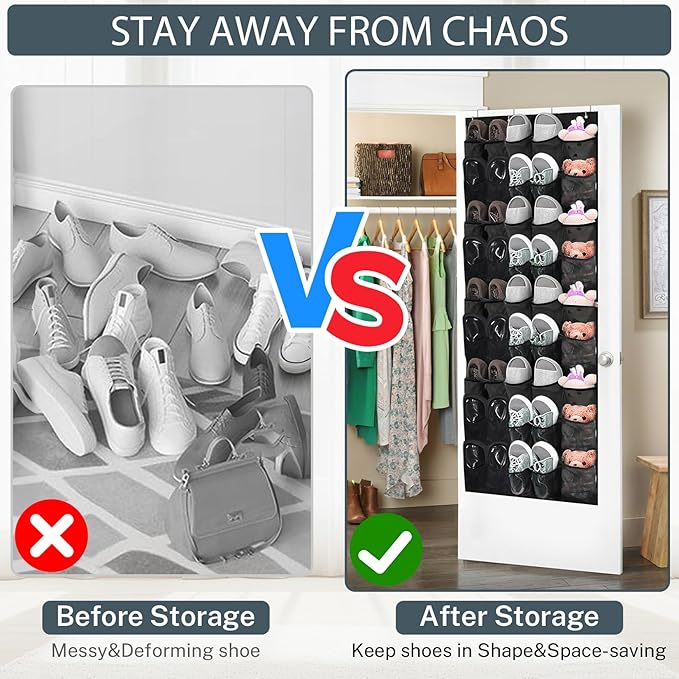 Hualleko Over the Door Shoe Organizer,40-Pocket Hanging Shoe Rack for Closet Door,Shoes Storage Holder Hanger with Large Mesh Pocket for Women Men Shoes,Flip Flops(Black)