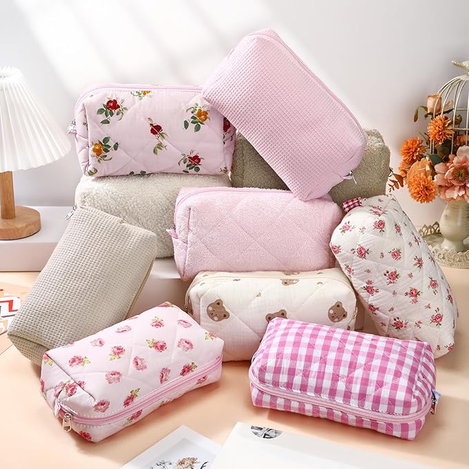 Paterr 10 Pcs Quilted Makeup Bag Bulk Cotton Floral Cosmetic Bag Women Girls Bridesmaid Gifts Cute Makeup Pouch Coquette Aesthetic Travel Toiletry Organizer(Beige Floral,7.87 x 4.72 x 3.15 Inches)